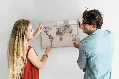 Magnetic glass dry erase board with watercolor world map design