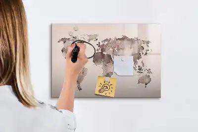 Magnetic glass dry erase board with watercolor world map design