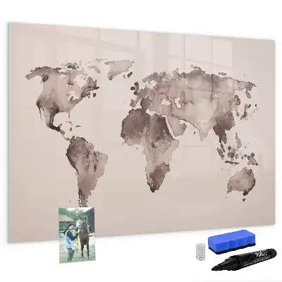 Magnetic glass dry erase board with watercolor world map design