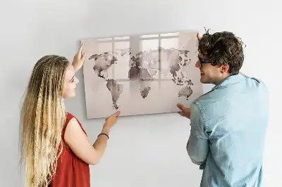 Magnetic glass dry erase board with watercolor world map design