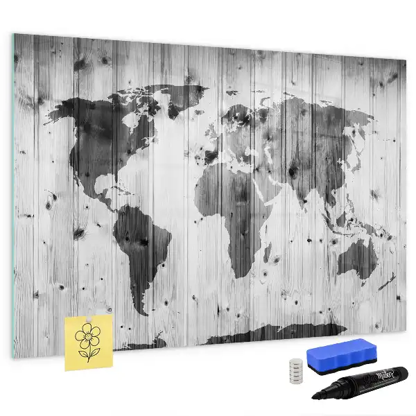 Magnetic marker board with a world map print on wood