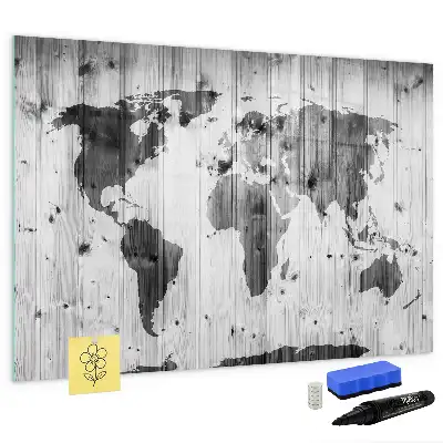 Magnetic marker board with a world map print on wood