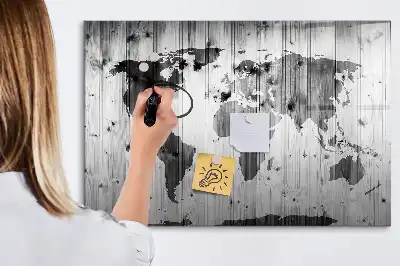 Magnetic marker board with a world map print on wood