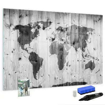 Magnetic marker board with a world map print on wood