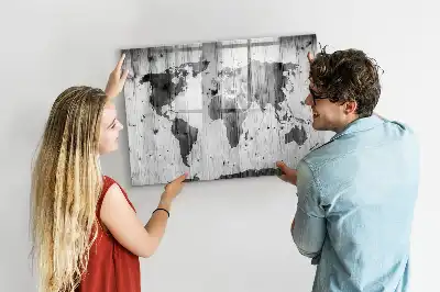 Magnetic marker board with a world map print on wood