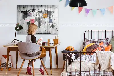 Magnetic marker board with a world map print on wood