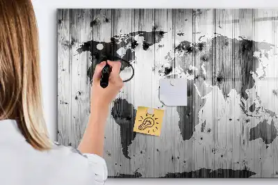 Magnetic marker board with a world map print on wood