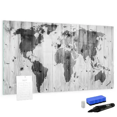 Magnetic marker board with a world map print on wood