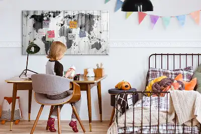 Magnetic marker board with a world map print on wood