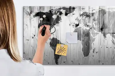 Magnetic marker board with a world map print on wood