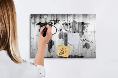 Magnetic marker board with a world map print on wood
