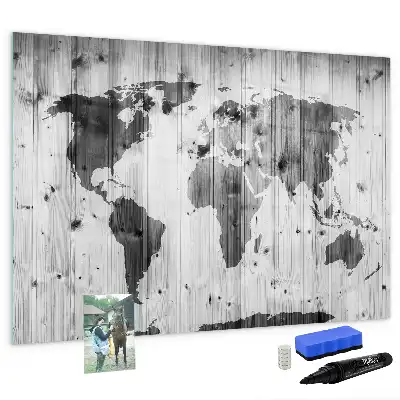 Magnetic marker board with a world map print on wood