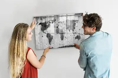 Magnetic marker board with a world map print on wood