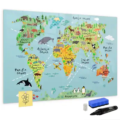 Magnetic glass dry erase board with world map and animals design