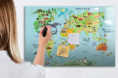 Magnetic glass dry erase board with world map and animals design