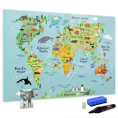 Magnetic glass dry erase board with world map and animals design