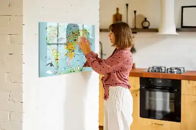 Magnetic glass dry erase board with world map and animals design