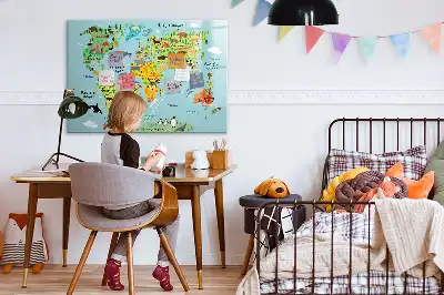 Magnetic glass dry erase board with world map and animals design