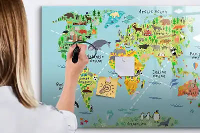 Magnetic glass dry erase board with world map and animals design