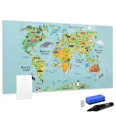 Magnetic glass dry erase board with world map and animals design