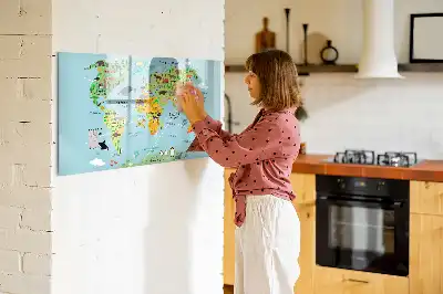 Magnetic glass dry erase board with world map and animals design
