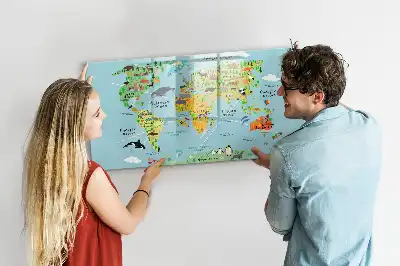 Magnetic glass dry erase board with world map and animals design