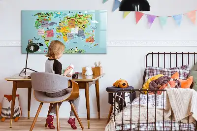 Magnetic glass dry erase board with world map and animals design