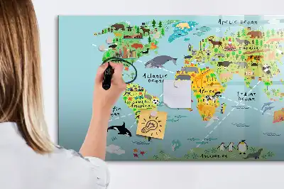 Magnetic glass dry erase board with world map and animals design