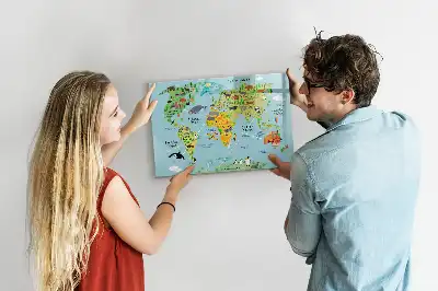 Magnetic glass dry erase board with world map and animals design