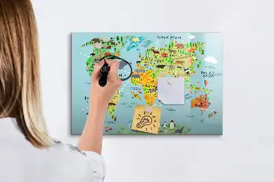 Magnetic glass dry erase board with world map and animals design