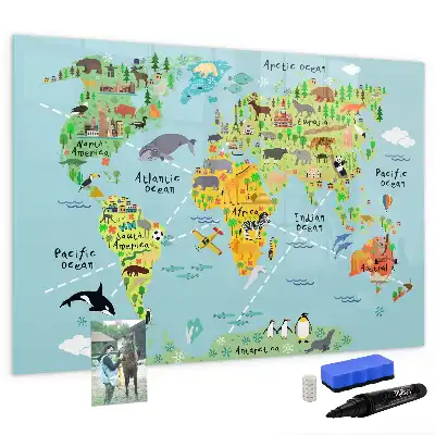 Magnetic glass dry erase board with world map and animals design
