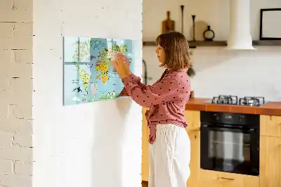 Magnetic glass dry erase board with world map and animals design