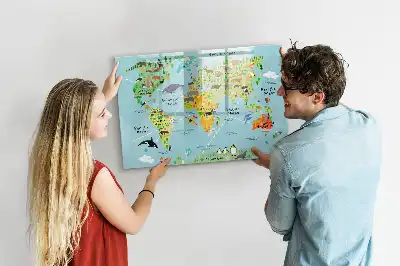 Magnetic glass dry erase board with world map and animals design