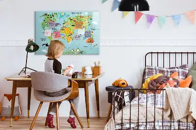 Magnetic glass dry erase board with world map and animals design