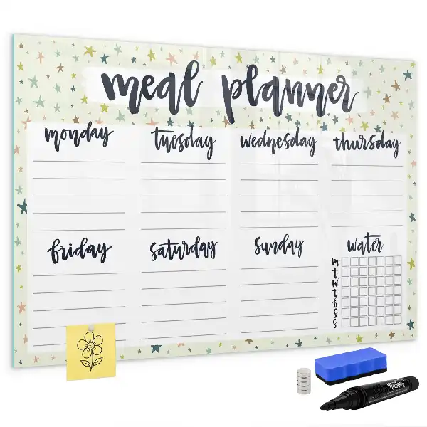 Magnetic marker board with weekly menu and stars motif
