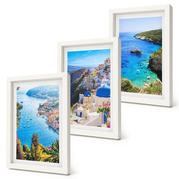 Framed triptych Greek seaside views and Santorini town of Oia