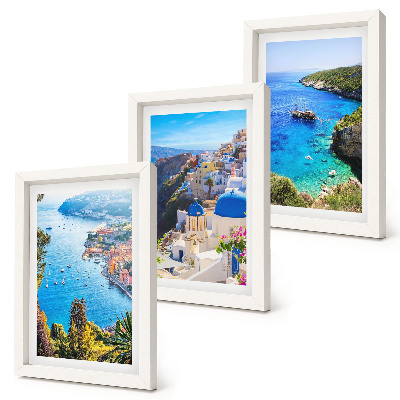 Framed triptych Greek seaside views and Santorini town of Oia