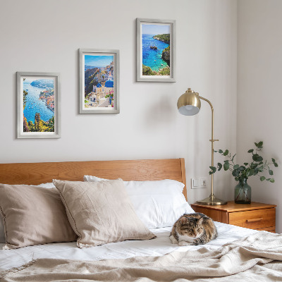 Framed triptych Greek seaside views and Santorini town of Oia