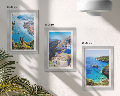 Framed triptych Greek seaside views and Santorini town of Oia