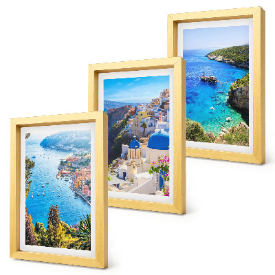 Framed triptych Greek seaside views and Santorini town of Oia