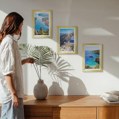 Framed triptych Greek seaside views and Santorini town of Oia
