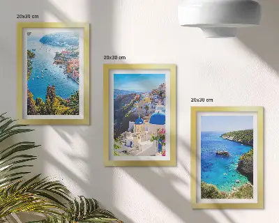 Greek seaside views and Santorini town of Oia triptych framed