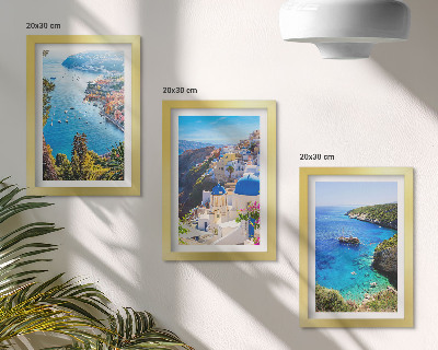 Framed triptych Greek seaside views and Santorini town of Oia