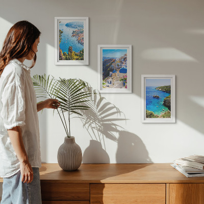 Framed triptych Greek seaside views and Santorini town of Oia