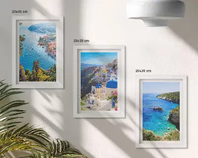 Greek seaside views and Santorini town of Oia triptych framed