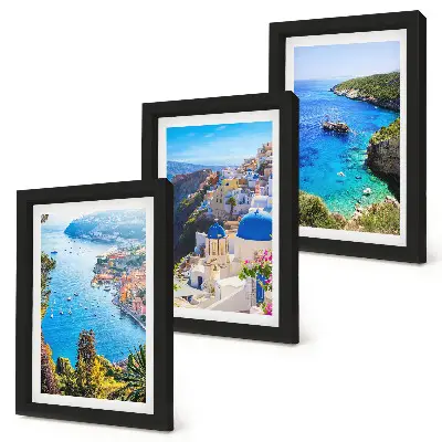 Greek seaside views and Santorini town of Oia triptych framed