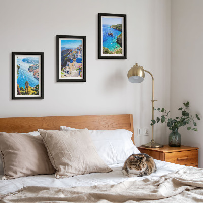 Framed triptych Greek seaside views and Santorini town of Oia