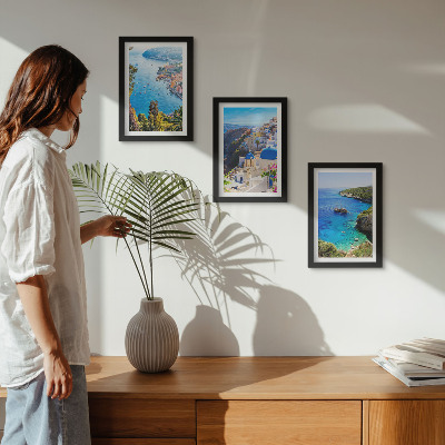 Framed triptych Greek seaside views and Santorini town of Oia