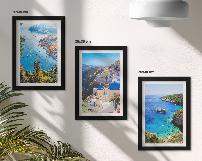 Framed triptych Greek seaside views and Santorini town of Oia