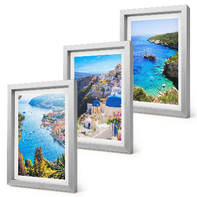 Framed triptych Greek seaside views and Santorini town of Oia
